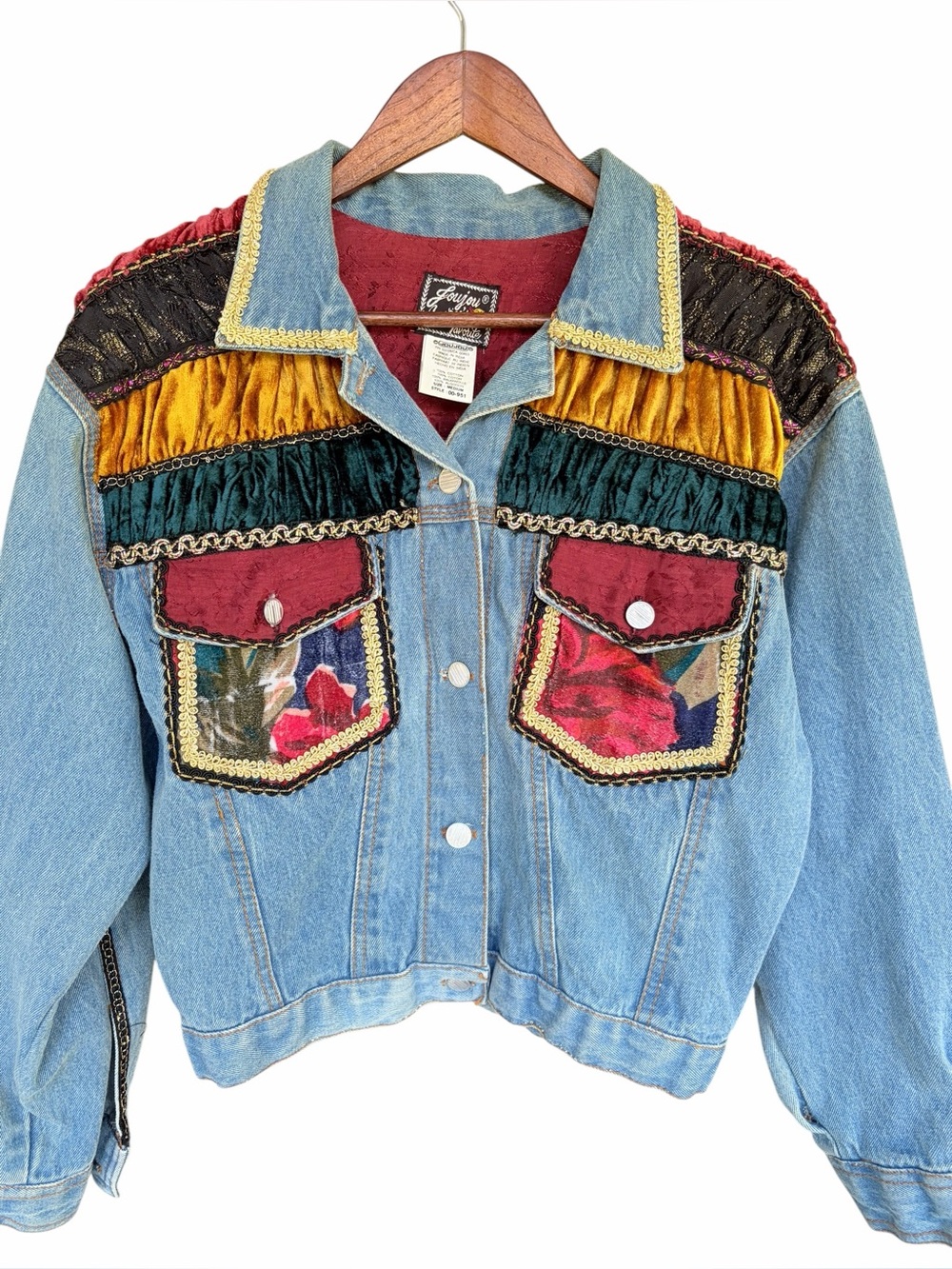 Joujou Americas Favorite Embellished Patchwork Denim Jacket Western Boho Vintage